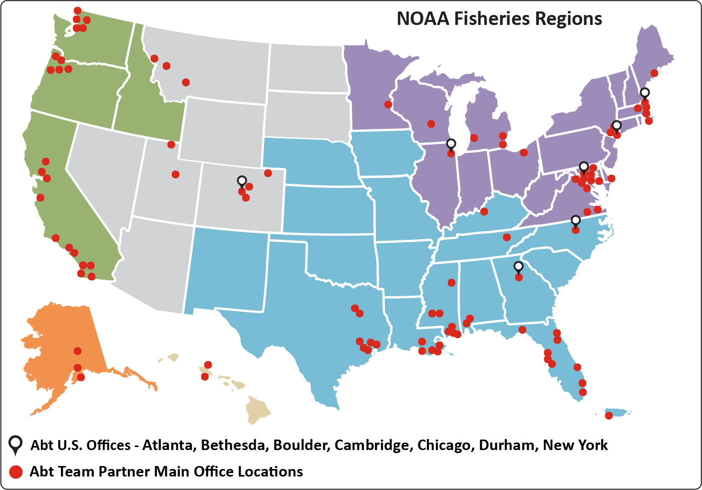 NOAA fisheries map of the U.S. with cities