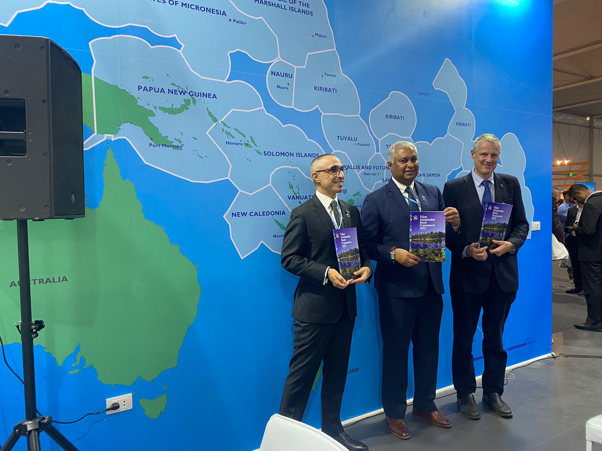 (left to right) Riad Meddeb, UN Development Programme, Satyendra Prasad, Abt climate change lead in the Indo-Pacific region, and Right Honorable Lord Zac Goldsmith, Minister of State for Overseas Territories, Commonwealth, Energy, Climate and Environment at a meeting on the Fijian Sustainable Bond Framework