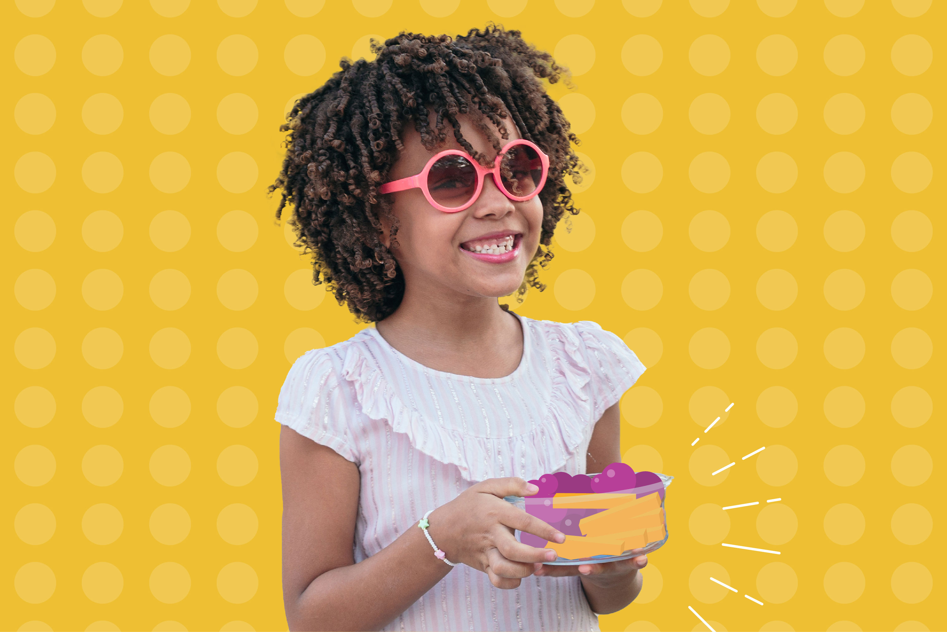 young girl smiling with bowl of healthy snacks