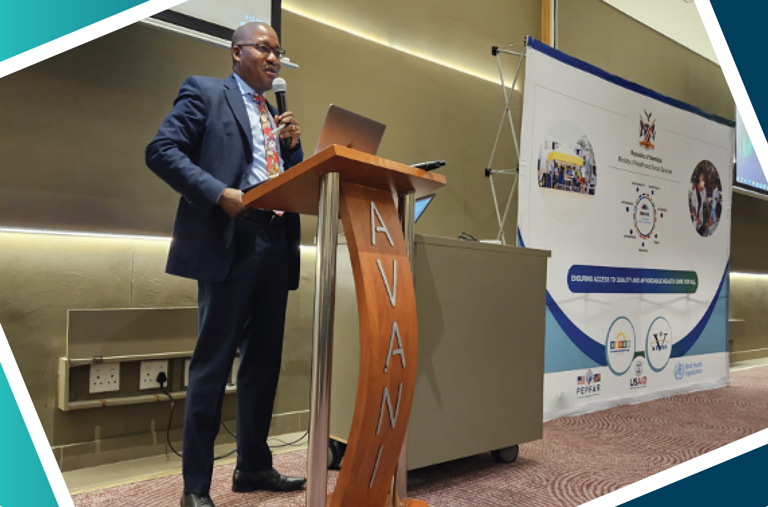 Mr. Ben Nangombe, the Executive Director for the Ministry of Health and Social Services presents the draft UHC policy for stakeholder validation at a workshop in November 2023.
