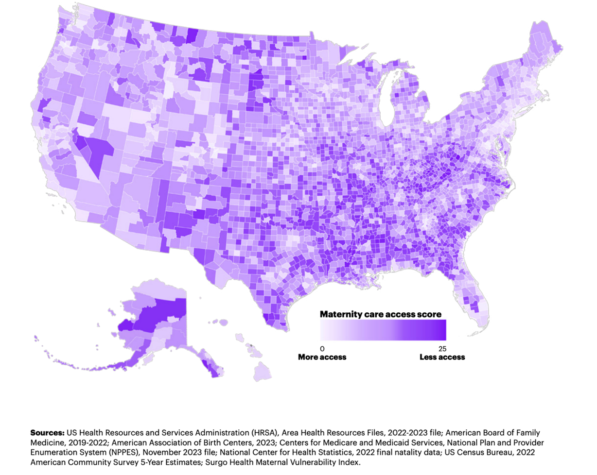 Exhibit 1 – Map of all U.S. counties shows where there is less access to maternity care. The darker the color, the greater the need. Source: March of Dimes, 2024 report, Nowhere to Go: Maternity Care Deserts Across the US. Exhibit 1 – Map of all U.S. counties shows where there is less access to maternity care. The darker the color, the greater the need. Source: March of Dimes, 2024 report, Nowhere to Go: Maternity Care Deserts Across the US.