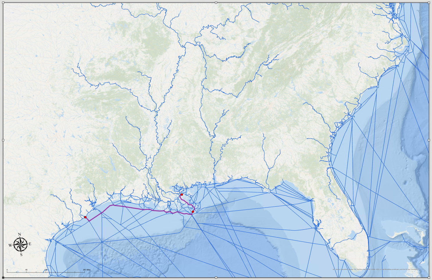 Pictured is the USACE National Waterway Network. This network serves as the foundation for tracking vessel, cargo, and commodity movements within US Coastal and Inland Waterways. The blue lines indicate the network itself; the red line shows an example of a vessel trip/cargo route.