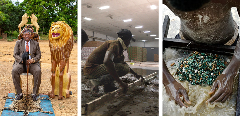 three images of men in the DRC: one sitting next to a lion statue, one laying a foundation, one cleaning stones
