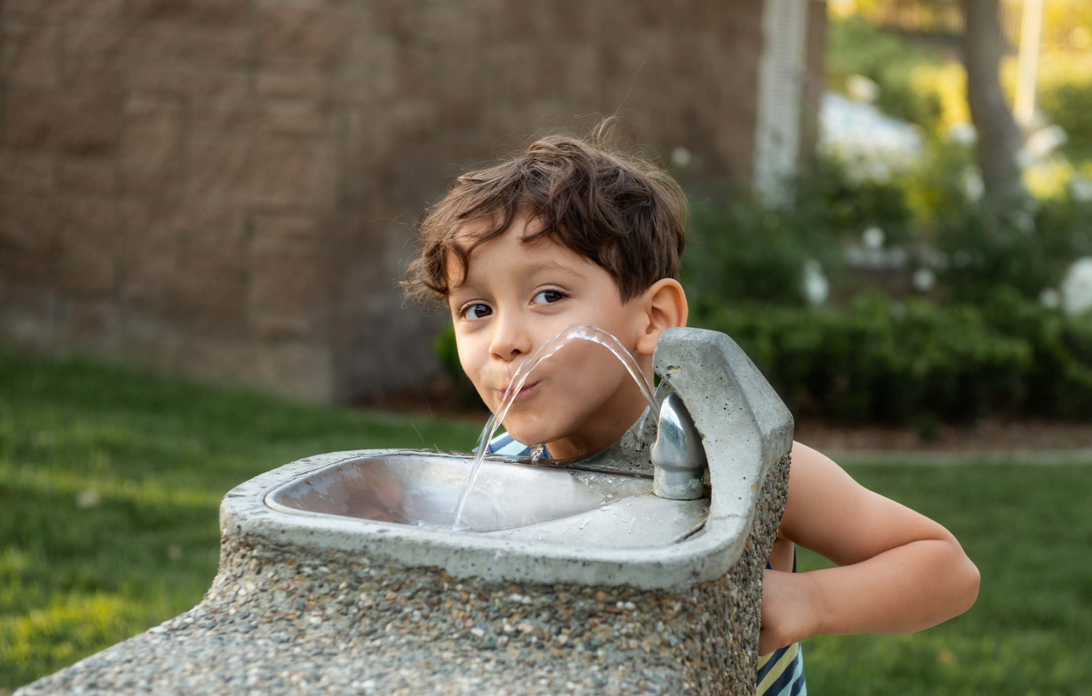 ittle Boy At Park Drinking Fountain