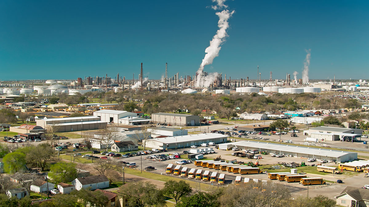 School Bus Depot Near Oil Refinery in Texas City