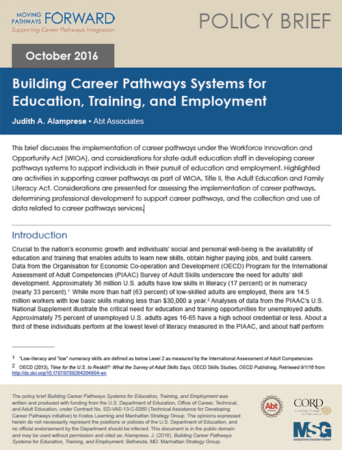 Building Career Pathways Systems for Education, Training and Employment