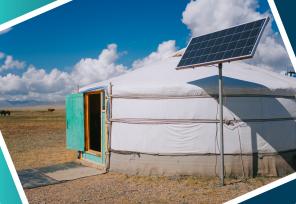 a solar panel next to a modern yurt in Mongolia