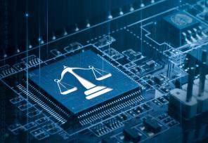 image of the scales of justice on a circuit board graphic