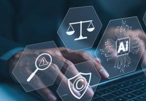 Hand typing on laptop with digital icons representing artificial intelligence, legal standard, ethics, and regulatory compliance, Technology law and policy
