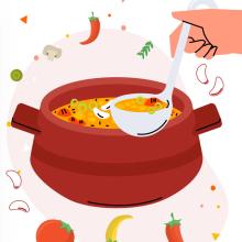 illustration of a soup pot, person ladeling out soup