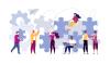 Illustration of people putting together a giant wall-size puzzle