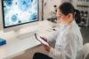 Virus, woman scientist and computer, tablet and laboratory analytics for expert innovation, health planning and app in Poland.