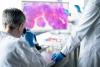 A small team of medical laboratory technicians gather around a monitor as they take a closer look together at cells under a microscope.