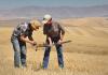 Two farmers with a shovel examining soil