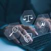 Hand typing on laptop with digital icons representing artificial intelligence, legal standard, ethics, and regulatory compliance, Technology law and policy