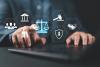 A suited legal professional touches virtual icons symbolizing law, justice, and legal services