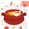 illustration of a soup pot, person ladeling out soup