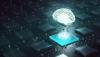 circuit board with a computer image of a brain above it