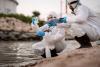 Scientists or environmentalists are currently examining the quality of water and air around the oil refinery to determine if there is any contamination or leakage from the facility.